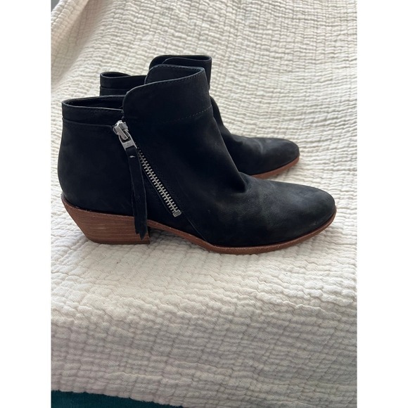 Sam Edelman Black Leather Zip Up Booties Wooden Heel Size 8 - Picture 2 of 6